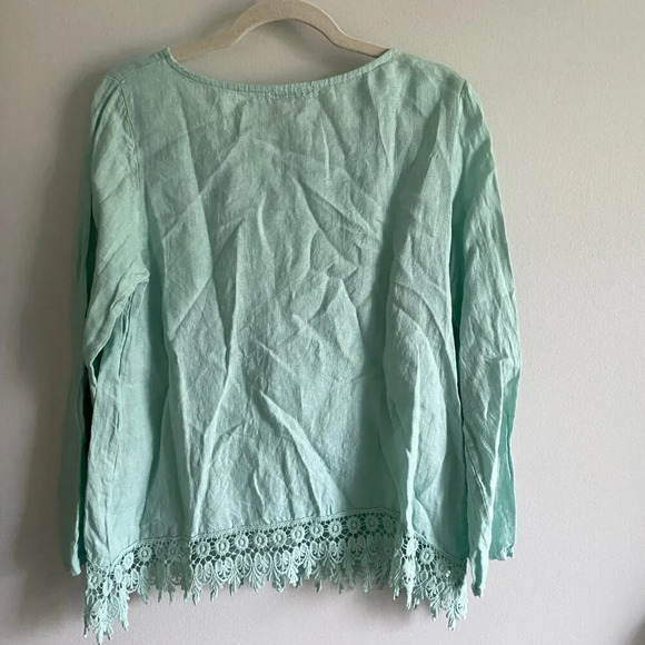 TERZO Millennio 100% Linen Oversized Long Sleeve Tunic Blouse with Lace Size M - Picture 2 of 10